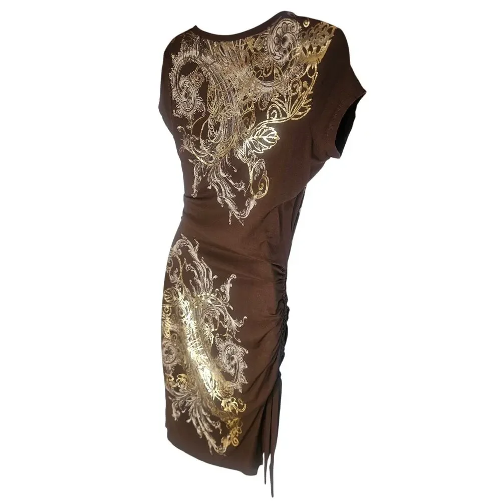 Cache Brown With  Gold Silver Print Bodycon Dress Sz M Stretchy V Neck - Picture 6 of 10